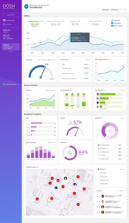 Merchant Dashboard: Campaign performance, customer demographics, location analytics, and ROI tracking
