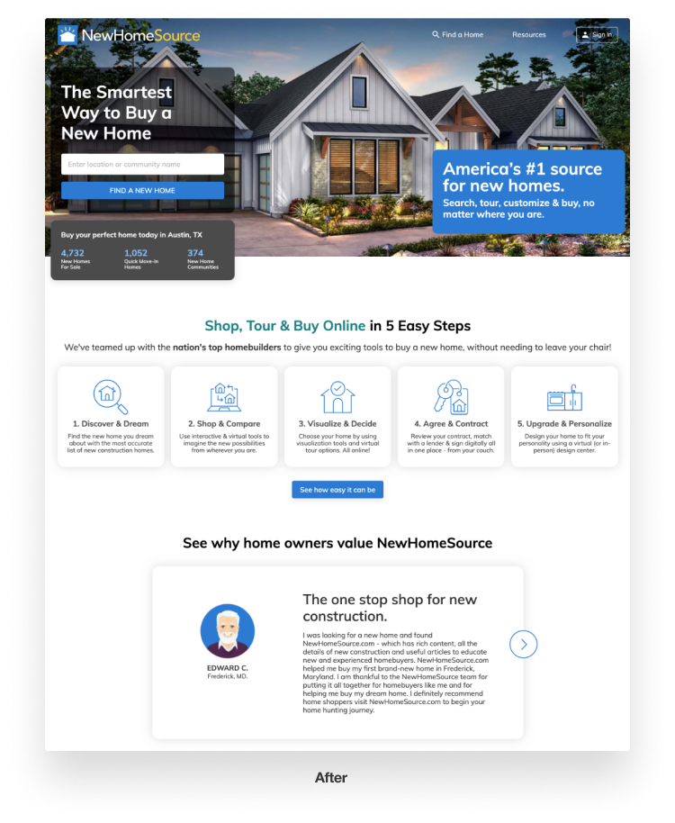 After: Clear value proposition, guided 5-step journey, social proof, and local market data
