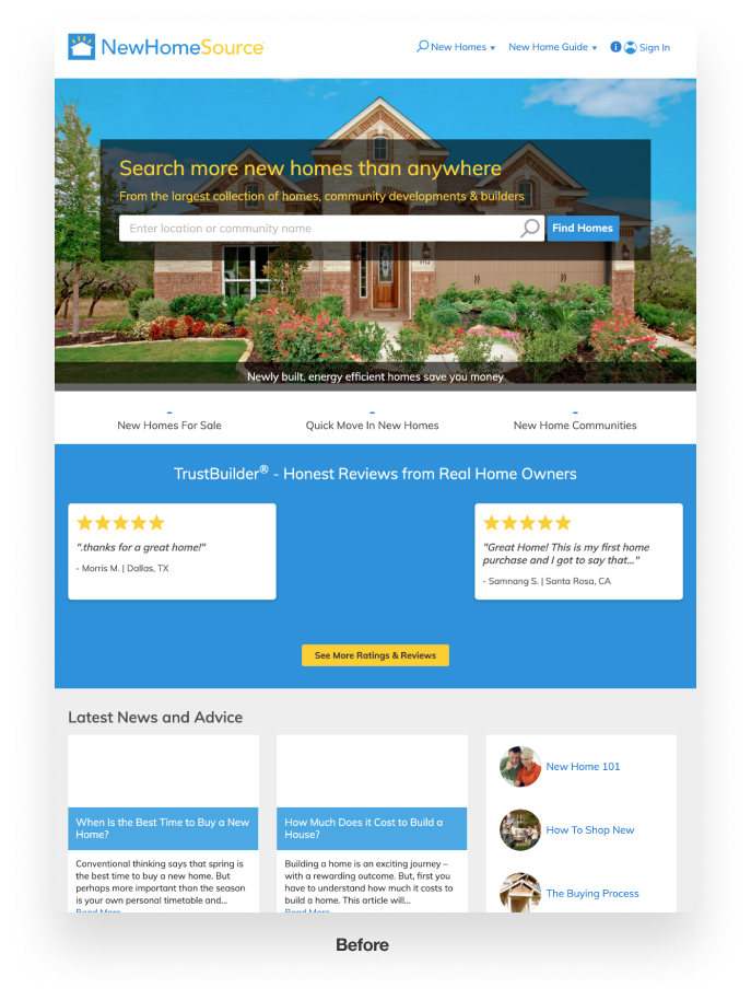 Before: Generic search-focused layout with limited value proposition clarity