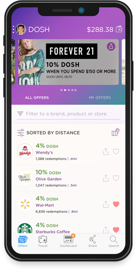 Consumer App: Offers sorted by distance with clear cashback percentages and redemption counts